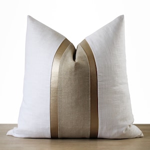 White & Gold Pillow Cover | White Linen + Gold Faux Leather Stripes | Glam Decor ||| Lumbar Sizes + Inserts Available