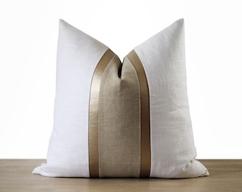 White & Gold Pillow Cover | White Linen + Gold Faux Leather Stripes | Glam Decor ||| Lumbar Sizes + Inserts Available
