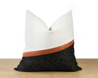 Modern Black & White → Colorblock Pillow Cover with Cognac Faux Leather Accent | Rustic Farmhouse Décor | Industrial Décor |||+ LUMBAR SIZES