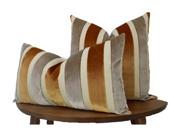 Neutral Striped Velvet Pillow Cover → Caramel & Gray | Modern Living Room | Textured Brown Decor | LUMBAR SIZES AVAILABLE