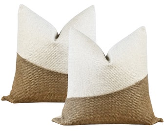 SET OF 2 | Neutral Decor Pillow Cover → White & Beige Colorblock Throw Pillows | White and Taupe Modern Minimalist Decor | + LUMBAR Sizes