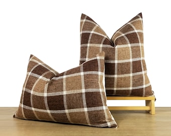 Funda de almohada a cuadros retro marrón / Almohada rústica a cuadros / Decoración Lodge // Cuadrado 20x20 / Lumbar 14x20 // Inserto de almohada disponible