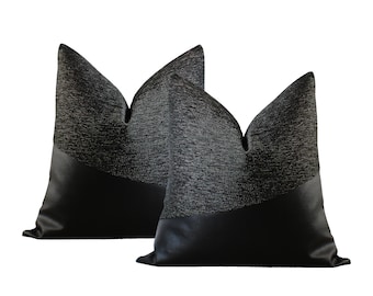 SET of 2 | All Black Pillow Covers | Textured Throw Pillow + Black Faux Leather | Minimalist Style  |||  Lumbar Sizes  +  Inserts Available