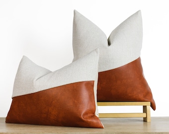White & Cognac Faux Leather Pillow Cover | Colorblock Throw Pillow | Neutral Decor | Coastal Modern Minimalist || Pillow Inserts Available