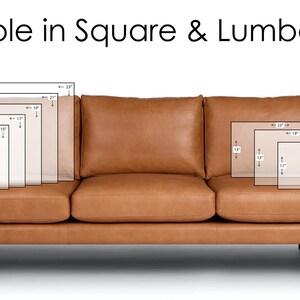 May include: A brown leather sofa with wooden legs. The image shows various square and lumbar pillow sizes, including 17" x 17", 19" x 19", and 21" x 21" square pillows, and lumbar pillows 11" x 18", 12" x 20", and 14" x 24". Text reads "Available in Square & Lumbar sizes."
