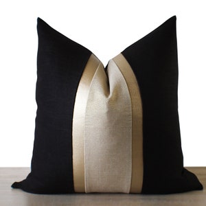 Black & Gold Pillow Cover | Black Linen with Gold Linen and Faux Leather |  Black and Gold Luxury Glam Decor |||  +Lumbar Sizes, +Inserts