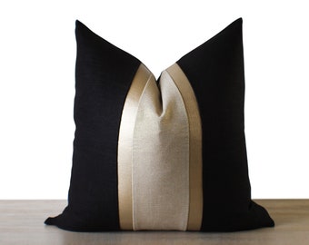 Black & Gold Pillow Cover | Black Linen with Gold Linen and Faux Leather |  Black and Gold Luxury Glam Decor |||  +Lumbar Sizes, +Inserts