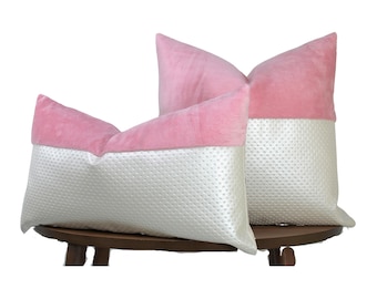 Pink Cloud Plush Fur & Ivory Embossed Leather Pillow Cover | Plush Fur Throw Pillow | Glam Décor || Lumbar Sizes + Feather Inserts Available