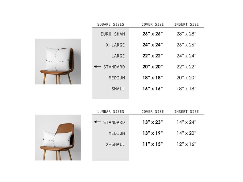 May include: Image showing pillow sizes, including Euro Sham, X-Large, Large, Standard, Medium, and Small square sizes, and Standard, Medium, and X-Small lumbar sizes. The cover and insert sizes are listed in inches. Two pillows are shown on chairs.