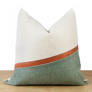Sage Green Colorblock Pillow Cover + Cognac Faux Leather | Green & White Throw Pillow | Sage Green Decor  |||  Lumbar Pillow Sizes Available