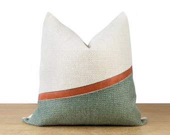 Sage Green Colorblock Pillow Cover + Cognac Faux Leather | Green & White Throw Pillow | Sage Green Decor  |||  Lumbar Pillow Sizes Available