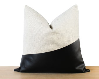 White & Black Colorblock Pillow Cover | White Textured Throw Pillow with Black Faux Leather | Modern Minimalist || Pillow Inserts Available
