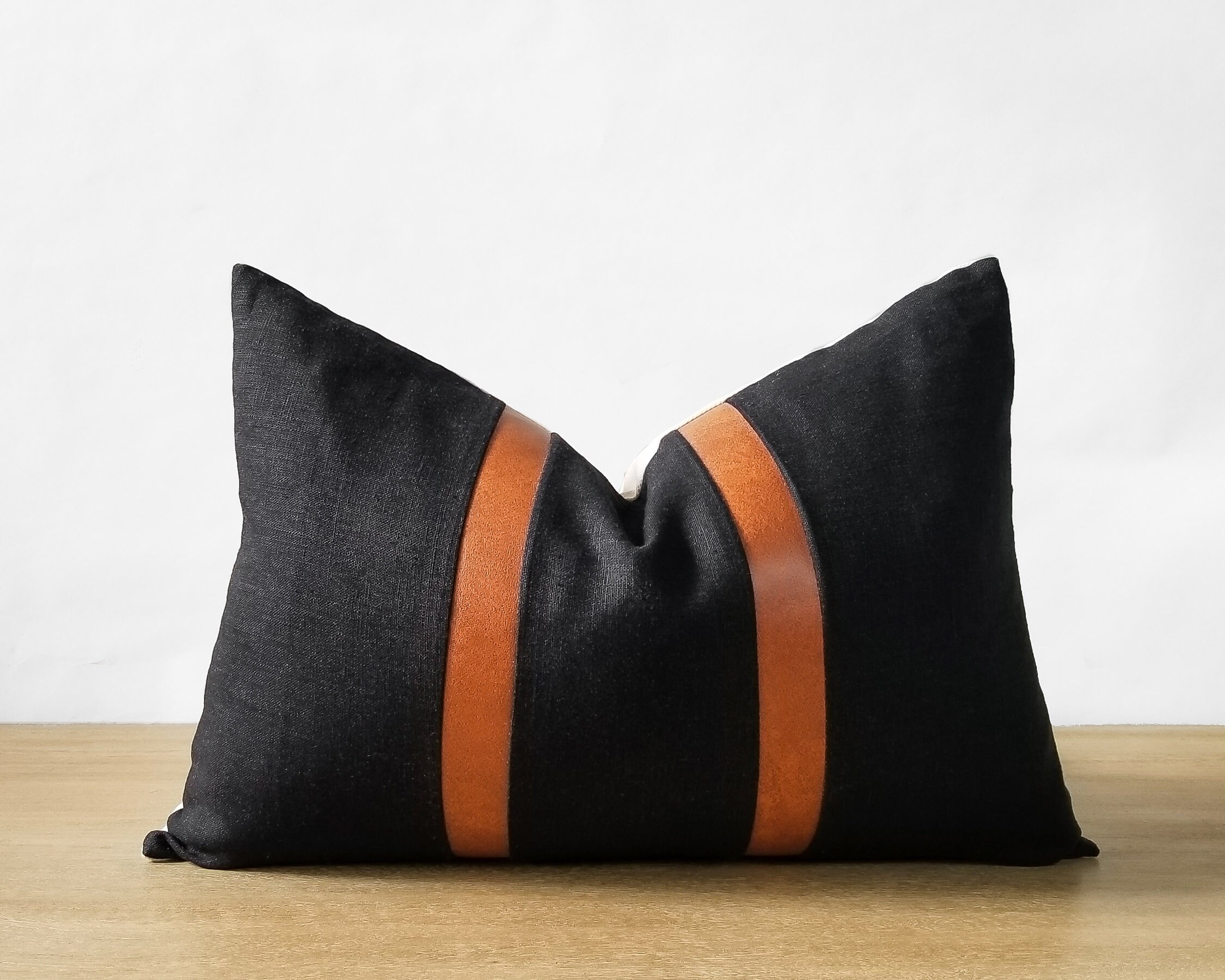 Sage Linen Pillow Cover With Faux Leather Stripes Coastal Etsy