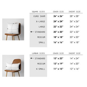 May include: Image showing pillow sizes, including Euro Sham, X-Large, Large, Standard, Medium, and Small square sizes, and Standard, Medium, and X-Small lumbar sizes. The cover and insert sizes are listed in inches. Two pillows are shown on chairs.
