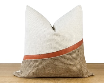 Modern Decor Throw Pillow → Beige & White with Cognac Faux Leather | Neutral Coastal Decor | Modern Minimalism ||| Lumbar Sizes Available