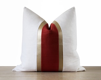 White & Red Pillow Cover | White and Red Linen + Gold Faux Leather Stripes | Glam Decor ||| Lumbar Sizes + Inserts Available