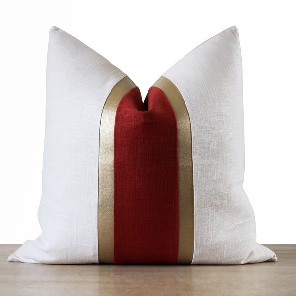 White & Red Pillow Cover | White and Red Linen + Gold Faux Leather Stripes | Glam Decor ||| Lumbar Sizes + Inserts Available