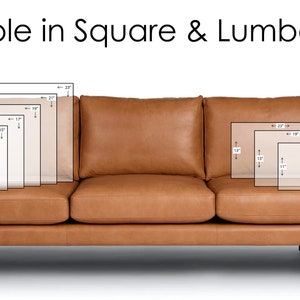 May include: A brown leather sofa with wooden legs. The image shows various square and lumbar pillow sizes, including 17" x 17", 19" x 19", 21" x 21", and 23" x 23" square pillows, and 11" x 18" and 13" x 19" lumbar pillows. Text reads "Available in Square & Lumbar sizes."