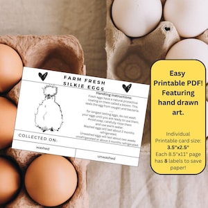 Etiquetas para huevos Silkie imprimibles, etiqueta para huevos Silkie con manipulación segura, tarjetas de instrucciones, etiqueta de instrucciones para huevos de gallina Silkie, huevo sin lavar
