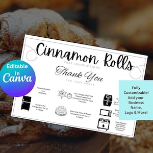 Plantilla de tarjeta de cuidado de rollo de canela editable Canva, tarjeta de rollo de canela, plantilla de instrucciones de cuidado de rollo de canela, tarjeta de agradecimiento de micro panadería