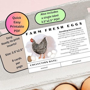 Instrucciones para el manejo de huevos sin lavar en formato PDF para imprimir, etiqueta para cartón de huevos de gallina frescos de granja, etiqueta con fecha de huevo fresco, tarjeta de instrucciones