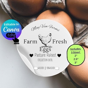 Etiqueta de cartón de huevos editable, etiqueta digital de huevos frescos de granja, etiqueta de huevo sin lavar para cartón de huevos, etiqueta personalizada con el logotipo de huevo de granja, etiqueta redonda para huevos