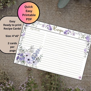 Violette Blumen Rezeptkarten für Brautparty, Wildblumen Rezeptkarten 10x15, druckbare Rezeptkarte Blumen für Box, Gastgeschenk zum Backen