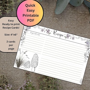 Floral Mushroom Recipe Card Printable pdf, boho mushroom recipe cards for bridal shower, 4x6 recipe cards digital download, hosting gift