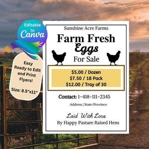 May include: A printable flyer for farm fresh eggs. The flyer is yellow and white with a black silhouette of a chicken on each side. The text reads: 