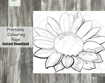 Pagina da colorare con disegno di girasoli per adulti e bambini (download digitale)