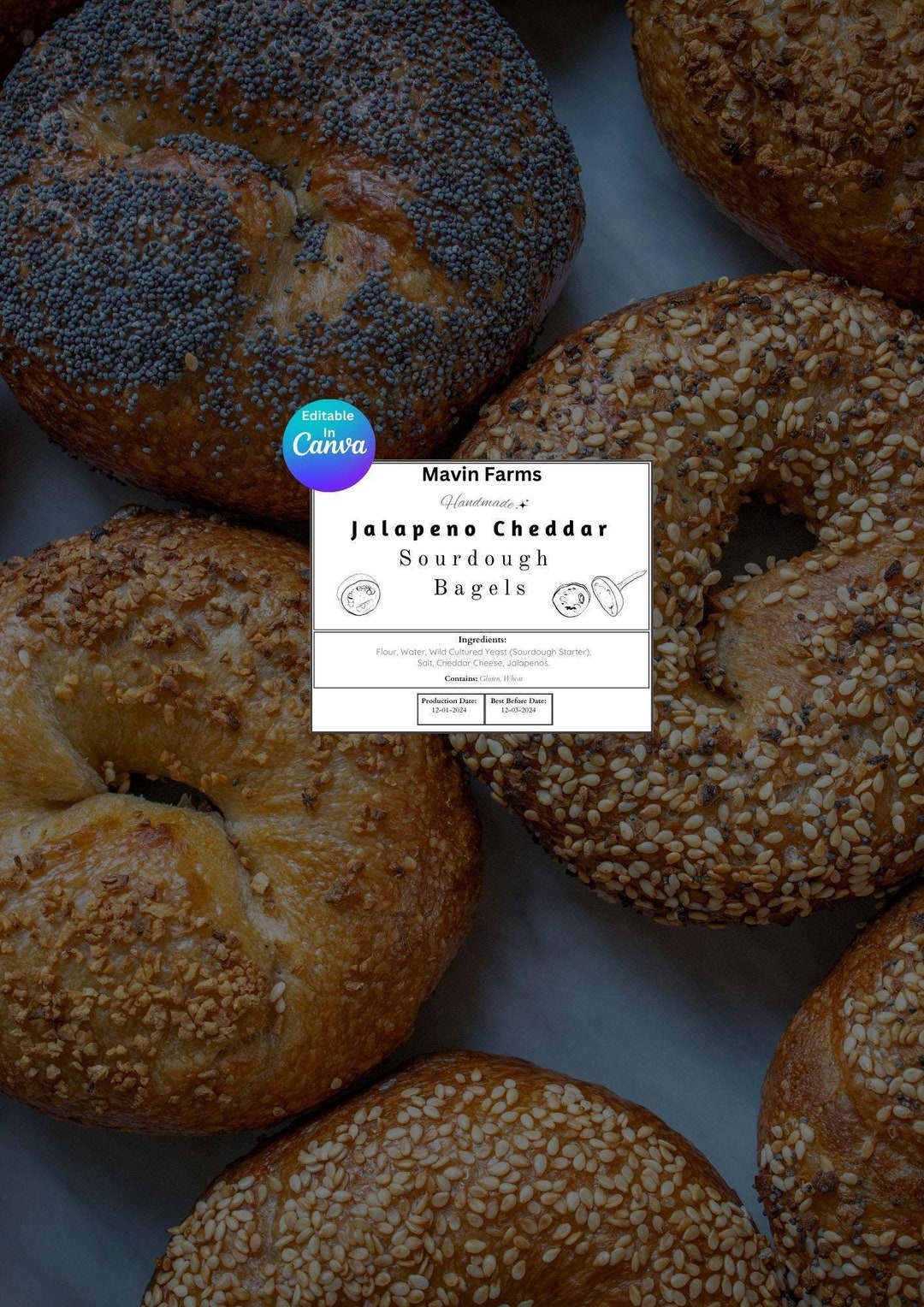 Jalapeno Cheddar Sourdough Bagel Label Template: Editable Canva Design ...