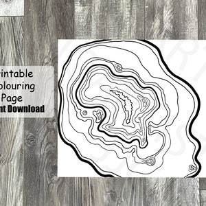 Puede incluir: Página para colorear en blanco y negro de un lago con líneas de contorno. La página se titula "Página para colorear imprimible Descarga instantánea".