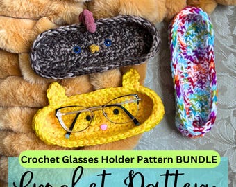 May include: Crochet glasses holder patterns in a bundle. The patterns include a yellow cat-shaped holder, a brown chicken-shaped holder, and a rainbow-colored holder. The text "Crochet Pattern PDF File" is on the image.