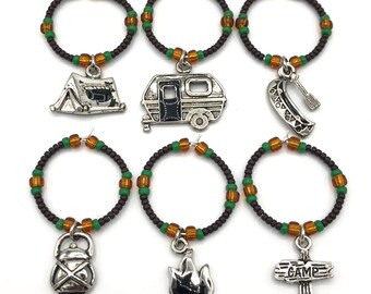 Dijes de vino Happy Camper, marcador de bebida, juego de 6