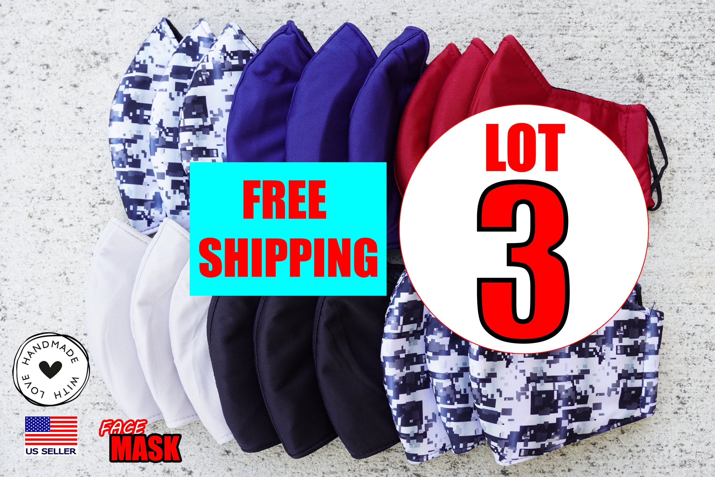 Lot 3 pcs Face Mask 3 layers Washable, Reusable, Adult Face Mask, Man…