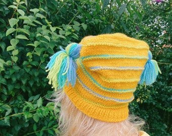 Gorro de punto hecho a mano para adultos, gorro de punto, gorro de punto con borlas, gorro de invierno a rayas, gorro de invierno para adultos