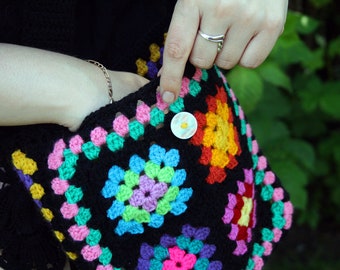 Handmade Crochet Bag, Granny Square, Bohemian Tote Bag, Crochet Shoulder bag, Multicoloured Hippy Bag