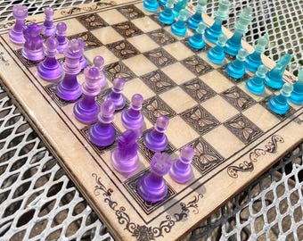 Laser Engraved Wood Chess Set - Butterflies