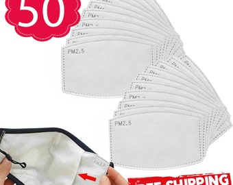 May include: A pack of 50 white PM2.5 air filter replacements for face masks. The filters are shown in a stack and individually. The text "PM2.5" is printed on the filters. The image also shows a close-up of a blue face mask with a filter inserted.