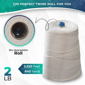 May include: A white biodegradable twine roll with a blue cap. The roll is 2 pounds and contains 2,520 feet or 840 yards of twine.