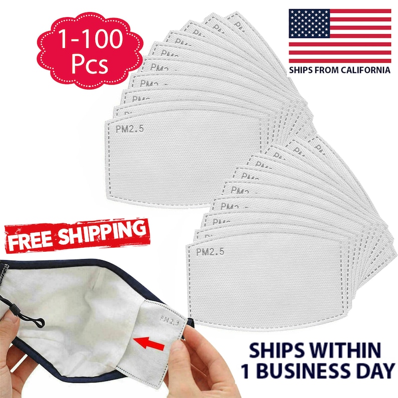 May include: A pack of 100 white PM2.5 air filter replacements for face masks. The filters are shown in a fan shape and a close-up of a filter being inserted into a black face mask.