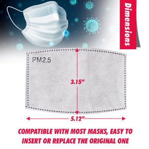 May include: White PM2.5 filter for face masks, measuring 8 cm by 13 cm. Compatible with most masks, easy to insert or replace the original one.