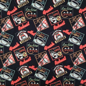 May include: Black fabric with a repeating pattern of vintage coffee shop signs. The signs feature coffee cups, the words "Fresh," "Robust," and "Hot," and the text "The Best Coffee in Town." The design includes red, white, and yellow accents.