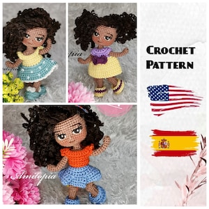 Afro amigurumi crochet doll pattern /olivia amigurumi crochet doll with curly hair/dressup doll/patrón de muñeca amigurumi/ Amitopia