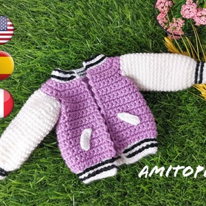 Amigurumi Doll Varsity Jacket Crochet Pattern – PDF Download, Miniature Clothes for Handmade Plushie, DIY Toy Outfit
