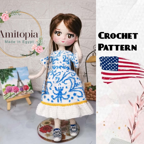 Summer amigurumi crochet doll pattern - english pattern/ embroidery eyes/ sneaker shoes amigurumi doll / blue and white dress/ Amitopia