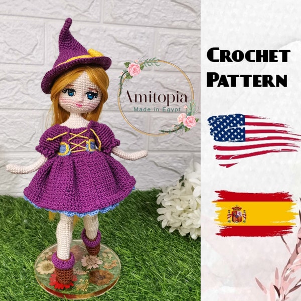 Witch in purple amigurumi raya crochet doll pattern/ halloween amigurumi doll/ muñeca bruja patrón español/Amitopia pattern