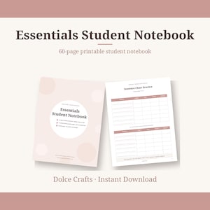 May include: A 60-page printable Essentials Student Notebook with a light pink cover featuring white circles and dark text. The interior page displays a Sentence Chart Practice table with dark pink headers and white grid lines for writing.