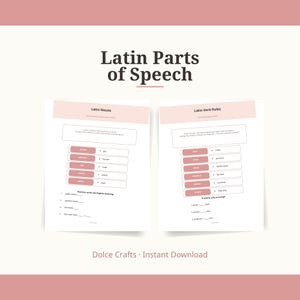 May include: Two educational worksheets titled Latin Parts of Speech, Latin Nouns, and Latin Verb Rules. The pages feature pink headers, lists of Latin words with English translations, and practice exercises. The text Dolce Crafts Instant Download appears.
