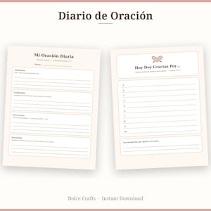 Op de afbeelding: Een gebedsdagboek-sjabloon van twee pagina's met een crèmekleurige achtergrond en donkerbruine tekst. De linkerpagina is getiteld Mi Oración Diaria met secties voor Alabanza, Confesión, Peticiones en Escuchar. De rechterpagina is getiteld Hoy Doy Gracias Por.